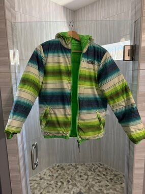 The North Face reversable Green, Blue & Cream Striped Puffer Jacket